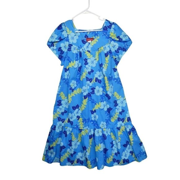 VTG Lava Hut Hawaiian Dress Size Small Blue Hibiscus Ruffle MuuMuu Aloha Luau - Picture 1 of 10